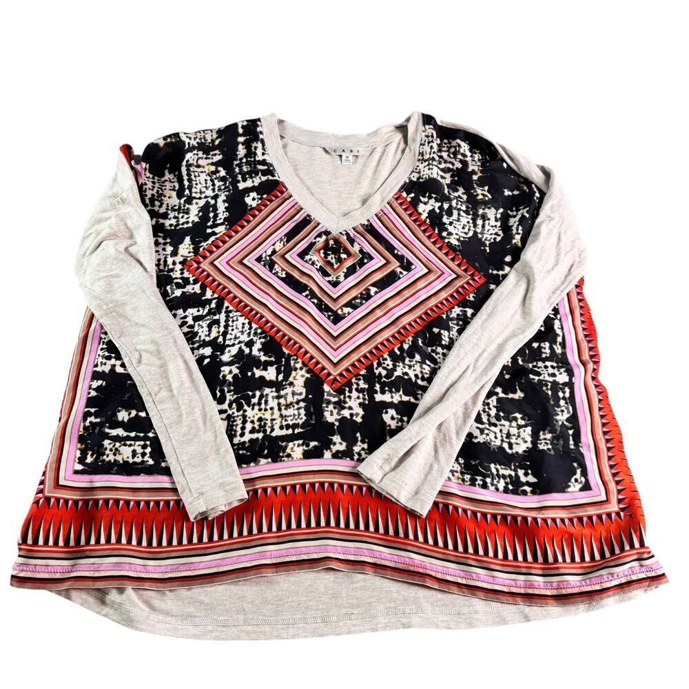 CAbi Style 768 Aztec Silk Front Top M Boho Geometric Long Sleeve Blouse